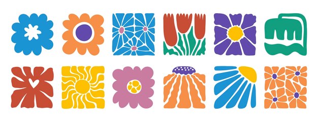 cartel dibujado a mano flores abstractas estilo retro floral cuadrado icono botánico a mano libre ingenuo estilo brillante de los años setenta
