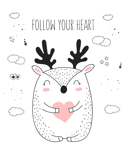 Vector cartel de dibujo de líneas vectoriales con lindo animal y corazón doodle ilustración