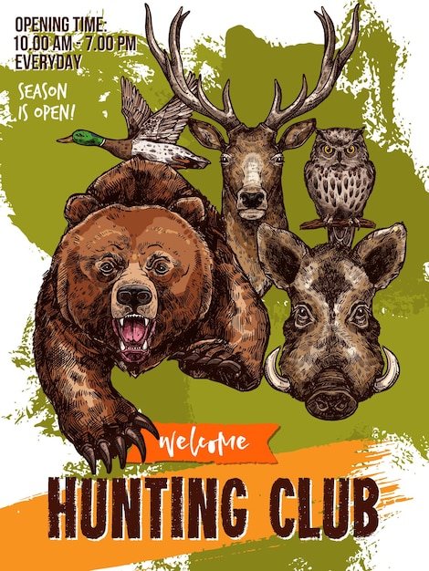 Cartel de dibujo vectorial de animales salvajes del club de caza