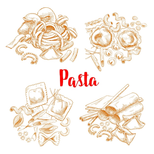 Vector cartel de dibujo vectorial de pasta o macarrones italianos