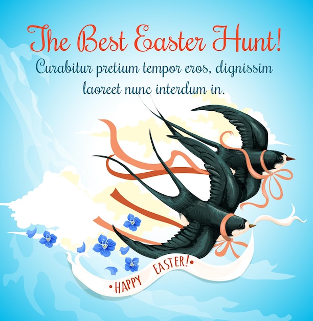 Cartel de dibujos animados de búsqueda de huevos de pascua con pájaro golondrina