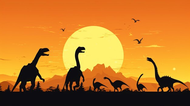 Vector un cartel con dinosaurios y aves en el fondo