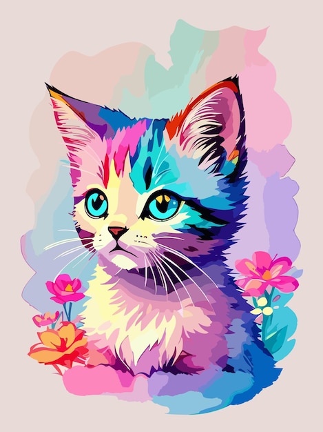 Vector cartel de diseño de ilustración de arte de salpicaduras de agua de color pastel de gato lindo