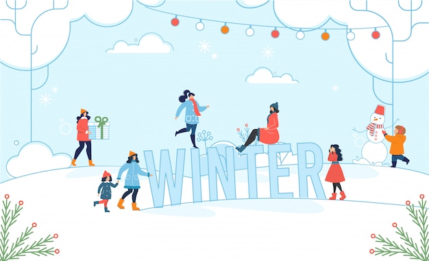 Vector cartel de diversión navideña de invierno para adultos y niños