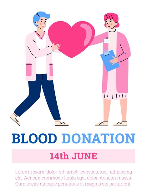 Cartel de donación de sangre para la ilustración de vector de dibujos animados plana del día del donante de sangre