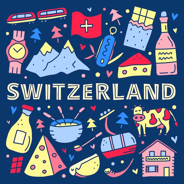 Cartel con doodle coloridos iconos de viaje de Suiza aislados sobre fondo oscuro