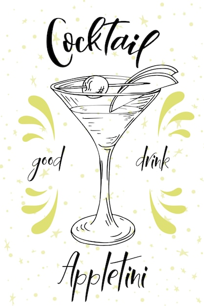 Cartel de dring vectorial Cóctel Appletini para restaurante y cafetería Ilustración dibujada a mano