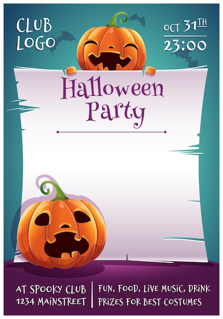 Cartel editable de feliz halloween con calabazas sonrientes y asustadas con pergamino sobre fondo azul oscuro con murciélagos. feliz fiesta de halloween. para carteles, pancartas, volantes, invitaciones, postales.