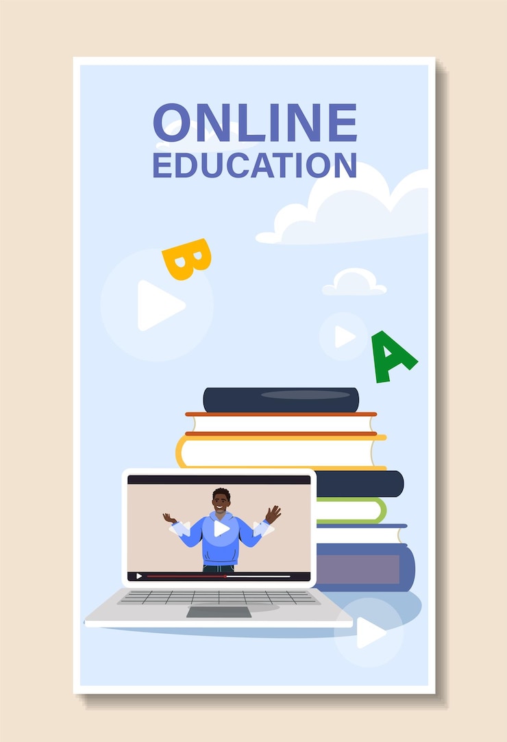 Vector cartel de educación en línea computadora con conferencia en línea cerca de pila de libros de texto aprendizaje y capacitación a distancia elemento gráfico para el sitio web ilustración vectorial plana