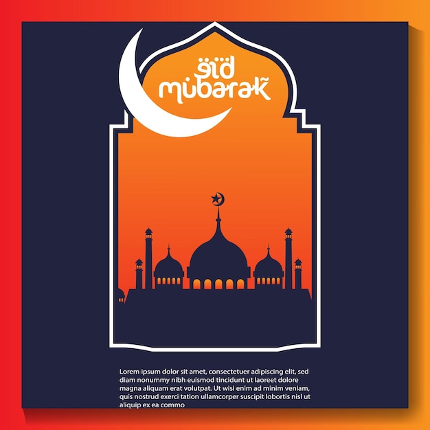 Vector un cartel de eid mubarak con una luna creciente y un cartel de la mezquita de eid