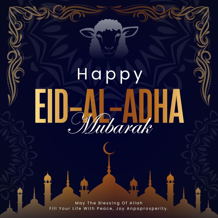 Un cartel de EidAlAdha para una mezquita con una oveja en él