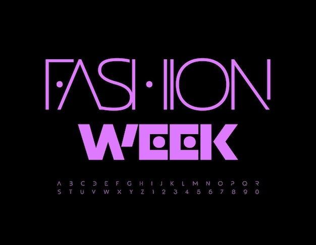 Cartel elegante de vector de la semana de la moda de moda púrpura fuente abstracto moderno alfabeto letras y números