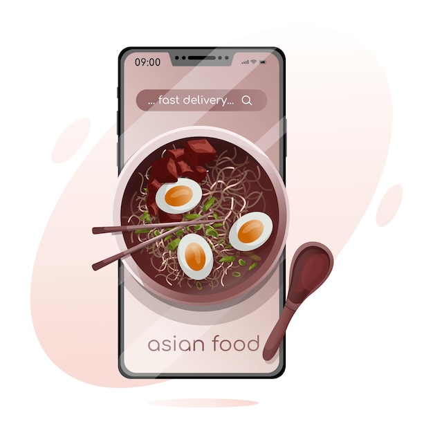 Vector cartel de entrega rápida sopa de ramen japonesa deliciosa en teléfono inteligente