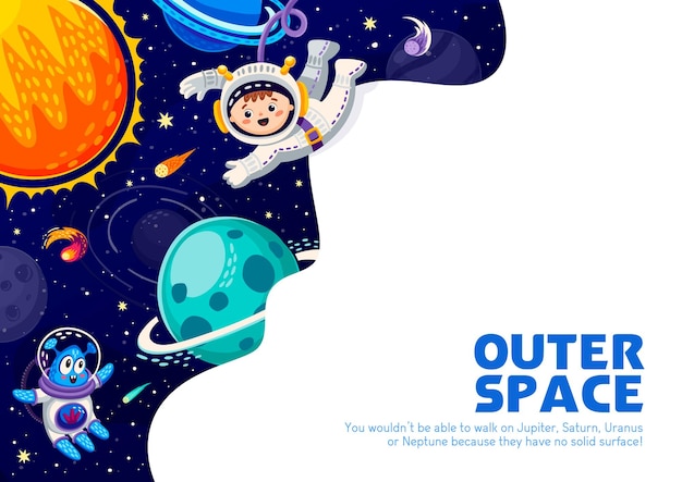 Cartel espacial con dibujos animados alienígena y niño astronauta