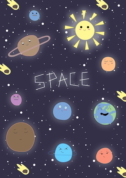 Cartel espacial para diseño de guardería Objetos espaciales y personajes Ilustración vectorial Ilustración infantil para ropa de bebé Envoltura de tarjetas de felicitación Aliens Astronauta cohetes planetas