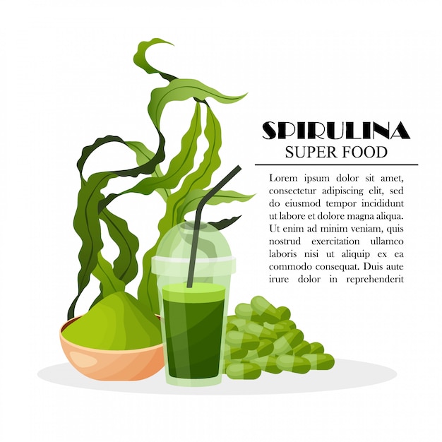 Cartel de espirulina con algas en polvo píldoras batido de algas aisladas sobre fondo blanco, ilustración. comida sana