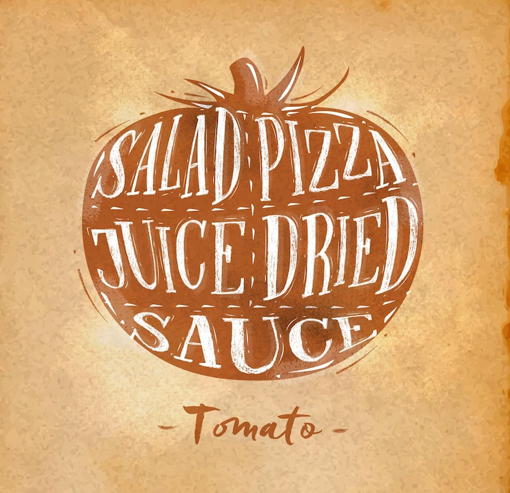 Vector cartel esquema de corte de tomate letras ensalada de pizza jugo de salsa seca en estilo retro artesanal
