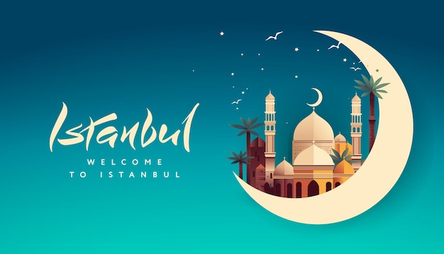 Un cartel de estambul con una mezquita y una luna en la ilustración de vector de fondo azul