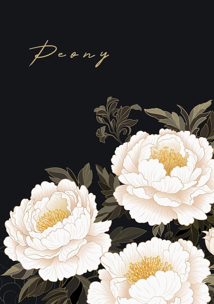 Un cartel de estilo chino con peonías blancas en flor sobre un fondo negro