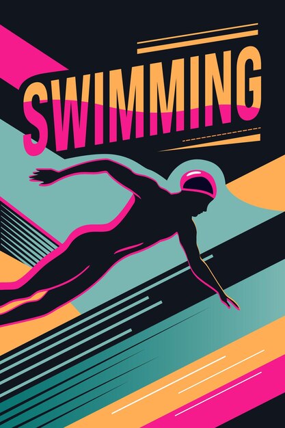 Cartel de estilo retro con texto de natación y silueta de un nadador Formas geométricas de moda