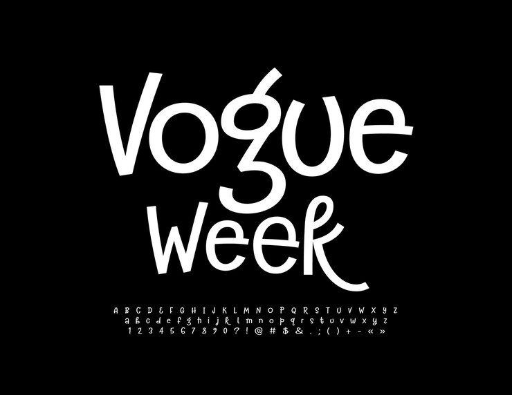 Vector cartel con estilo vectorial vogue week. fuente blanca de moda. conjunto de letras, números y símbolos del alfabeto de lujo