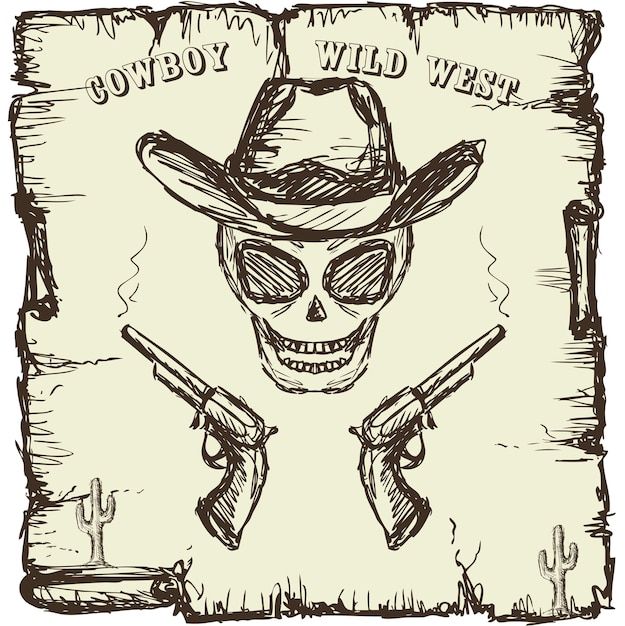 Cartel de estilo vintage con revólveres de cráneo y texto Vector de dibujo a mano