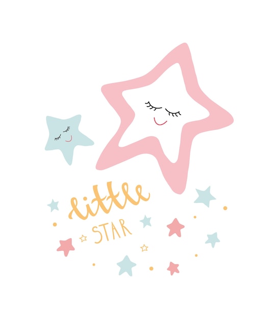 Vector cartel con estrellas dibujadas a mano y texto little star kids ilustración en estilo de dibujos animados en blanco