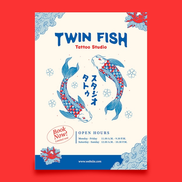 El cartel del estudio de tatuajes de peces gemelos