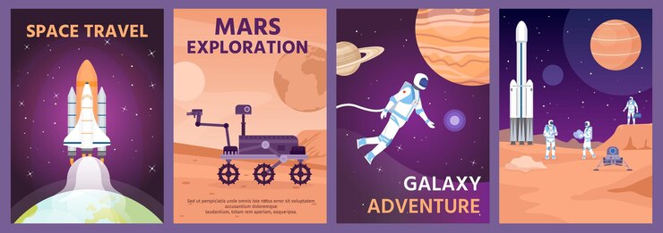 Vector cartel de exploración espacial. paisaje de galaxias con cohetes, planetas y astronautas. mars rover en la superficie del planeta. conjunto de vector de banner de ciencia cósmica. cartel de ilustración del planeta, la galaxia y la exploración de marte.