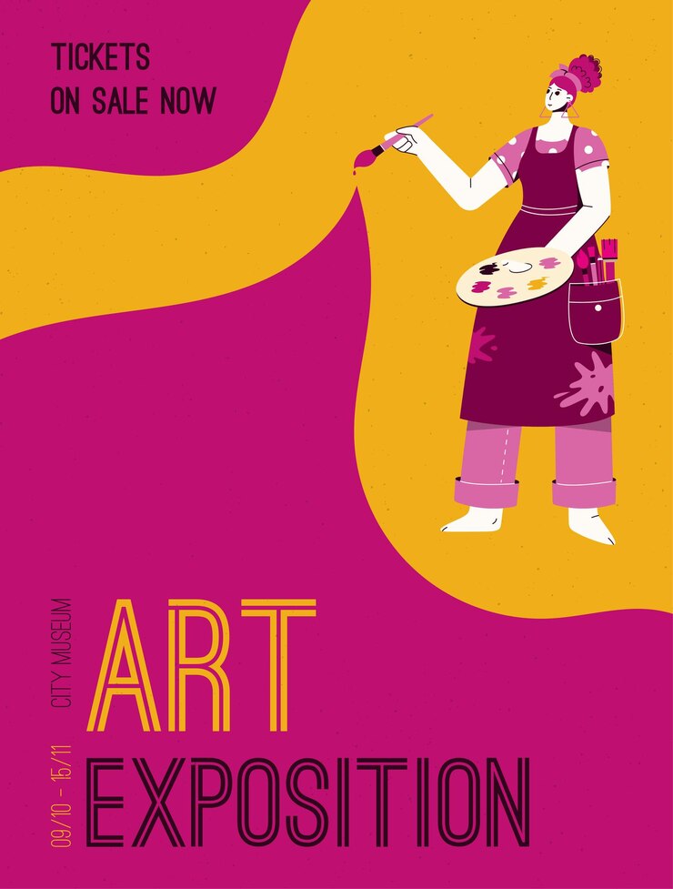 cartel de Exposición de Arte en el concepto de Museo de la Ciudad Artista con paleta de colores y pincel.