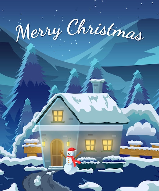 Cartel de felicitaciones de Navidad con ilustración plana de una hermosa casa en la cima de una colina por la noche