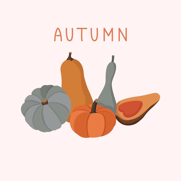 cartel de felicitaciones vectorial de otoño con calabazas y hojas y letras escritas a mano
