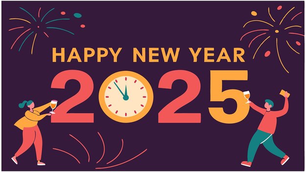 un cartel de feliz año nuevo con un reloj en él
