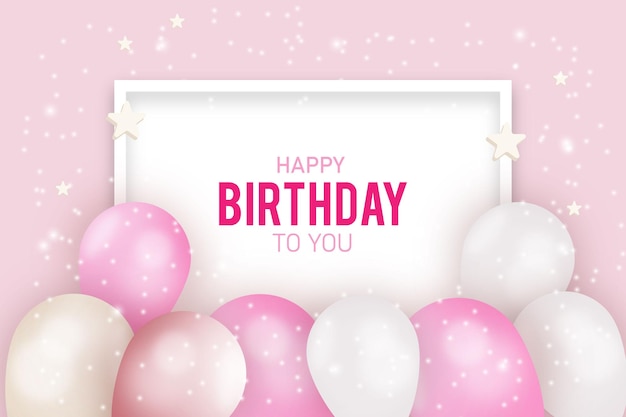 Cartel de feliz cumpleaños con globos sobre un fondo rosa