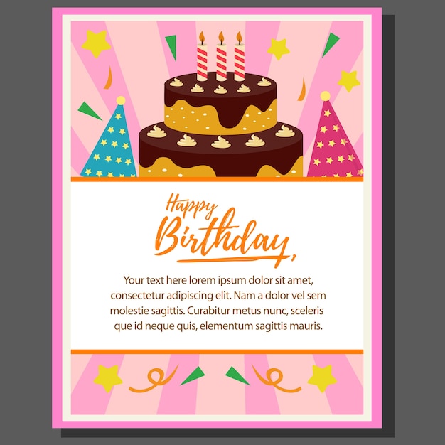 cartel de feliz cumpleaños tema con torre de pastel en estilo plano