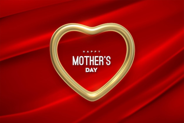 Cartel de feliz día de la madre con marco en forma de corazón dorado sobre tela drapeada roja