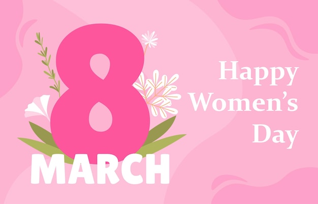 Cartel del feliz día de la mujer, feriado internacional y festival, marcha de flores blancas y hojas de feminidad.