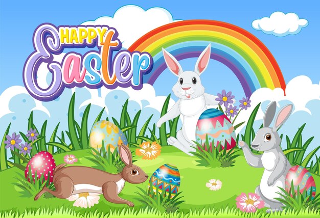 Cartel de feliz día de Pascua con huevos coloridos y conejitos lindos