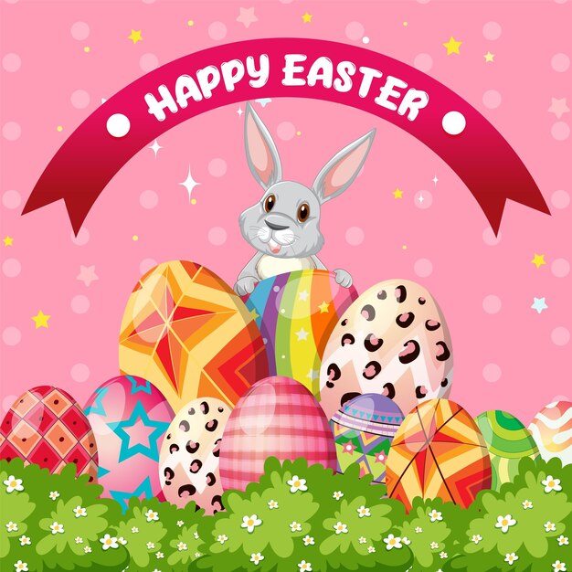 Cartel de feliz día de Pascua con huevos coloridos y lindo conejito