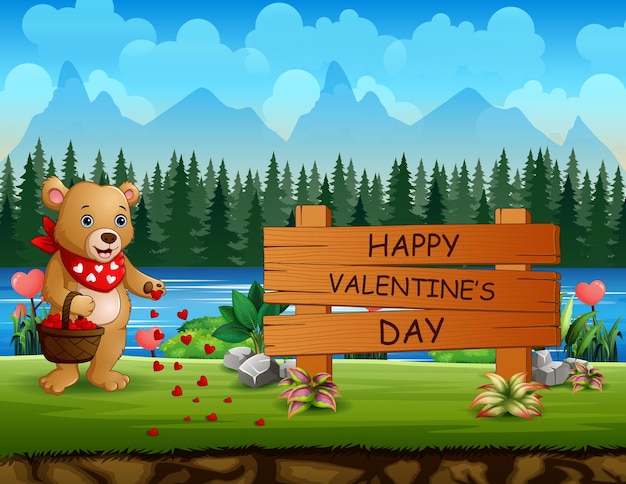 Cartel de feliz día de san valentín con oso sosteniendo una cesta