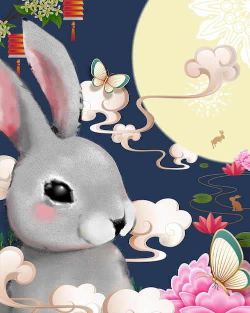 Cartel feliz del festival del medio otoño con conejo gigante gris esponjoso sobre fondo azul