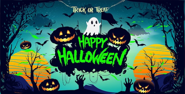 Cartel de feliz Halloween, fondo nocturno con calabazas espeluznantes, ilustración. elementos vectoriales para banner, tarjeta de felicitación Celebración de Halloween.