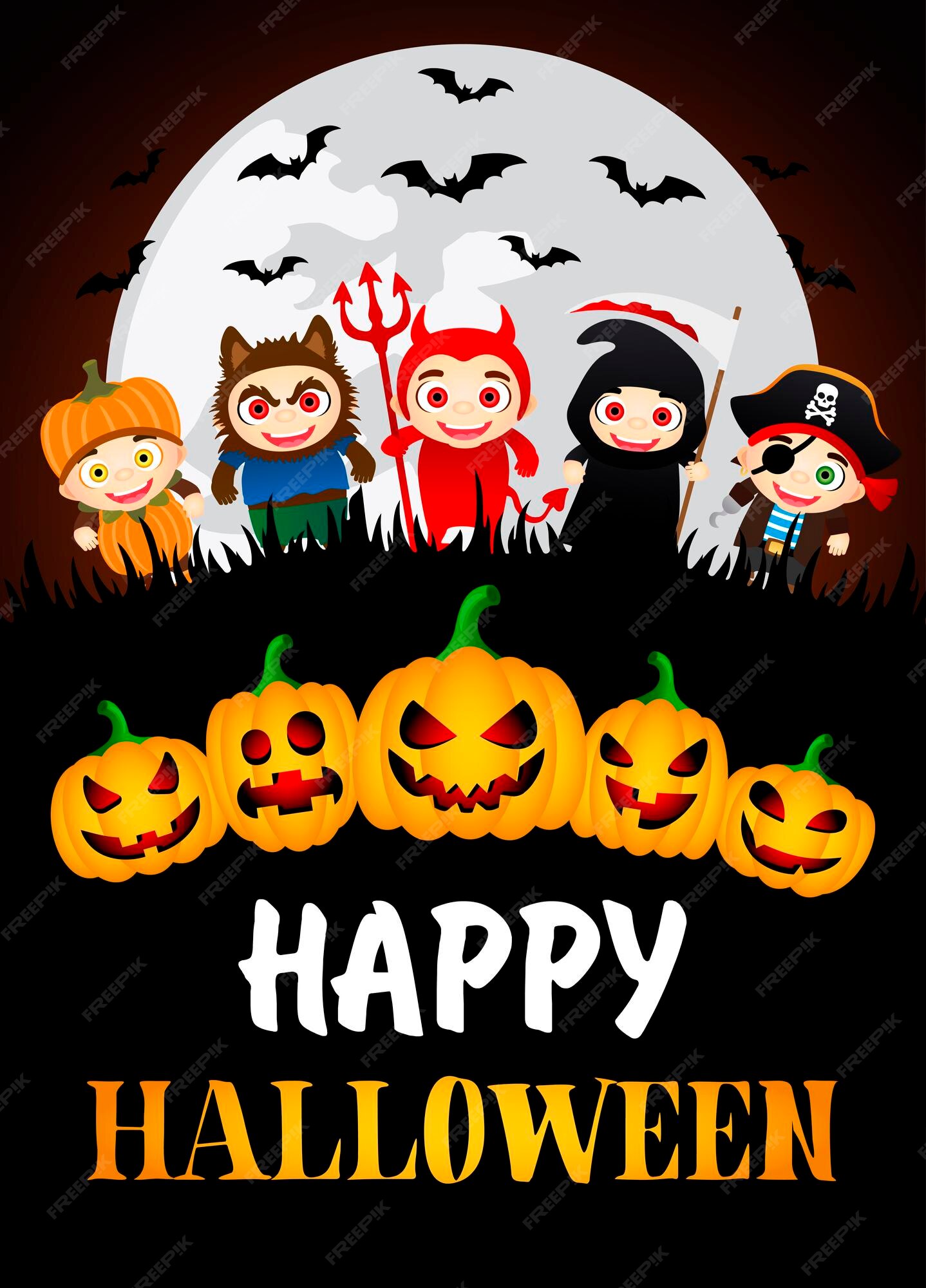 de feliz halloween niños con disfraces de halloween y calabazas | Vector Premium