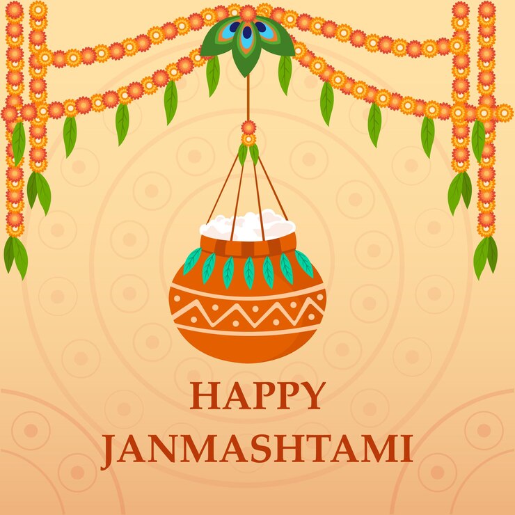 un cartel para el feliz Krishna Janmashtami con matki con ilustración vectorial de makhana
