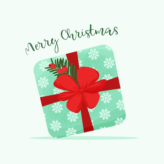 Cartel de feliz Navidad con caja de regalo Ilustración de vector lindo en estilo plano