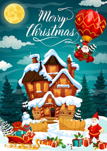Cartel de feliz Navidad con casa en la nieve