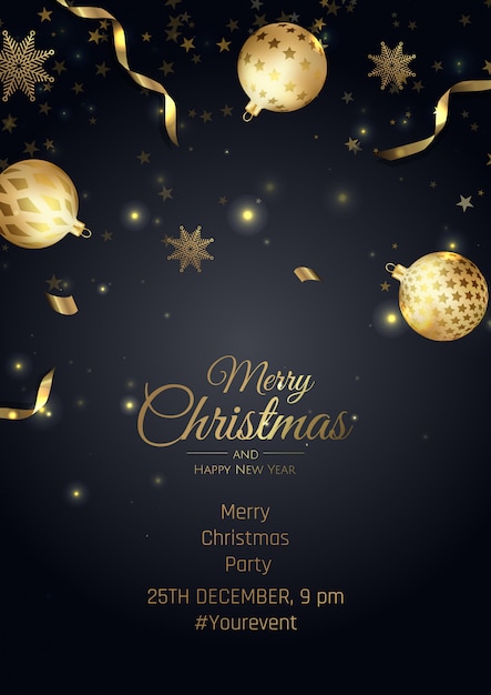Cartel de feliz Navidad y feliz año nuevo con copos de nieve y bolas