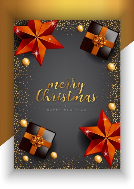 Cartel de feliz navidad feliz año nuevo con estrellas doradas y elementos navideños Vector Premium