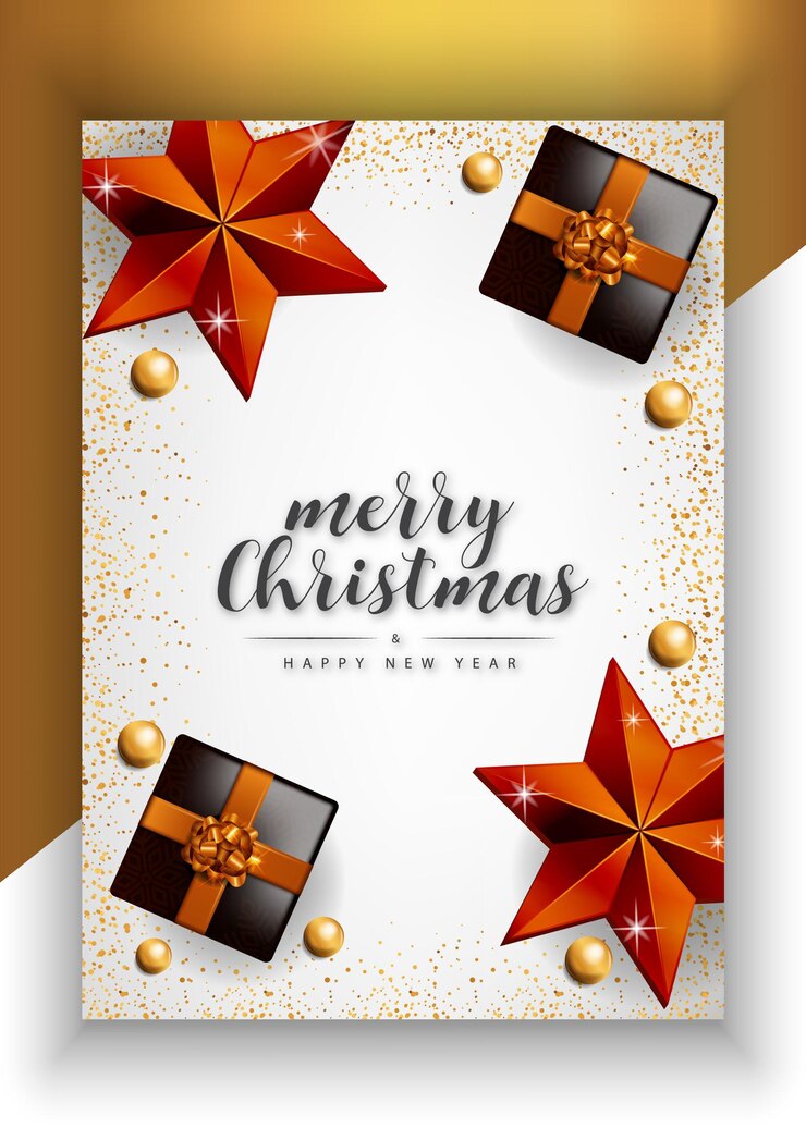Cartel de feliz navidad feliz año nuevo con estrellas doradas y elementos navideños Vector Premium