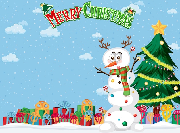 Cartel de feliz Navidad con lindo muñeco de nieve y árbol